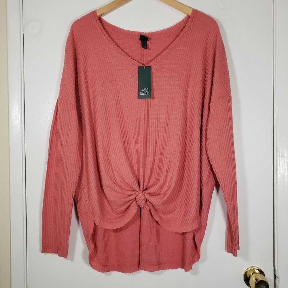 Wild Fable Coral Waffle Knit Long Sleeve V Neck Blouse Size XL